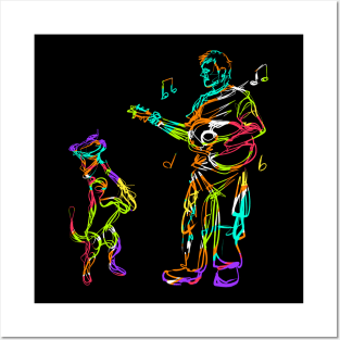 Dog and music colorful man playing guitar dancing Posters and Art